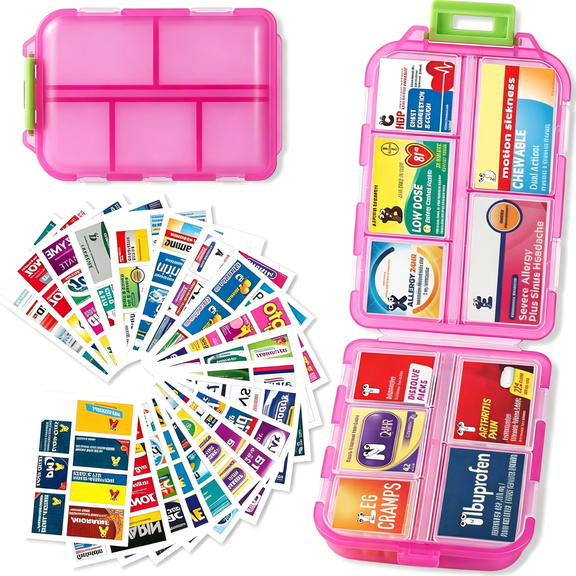 XIRQI Pill Organizer with Medicine Labels Travel Daily Pill Container Mini Medication Organizer Storage Pill Organizer Travel Essentials Pill Case 7 Day (Pink)