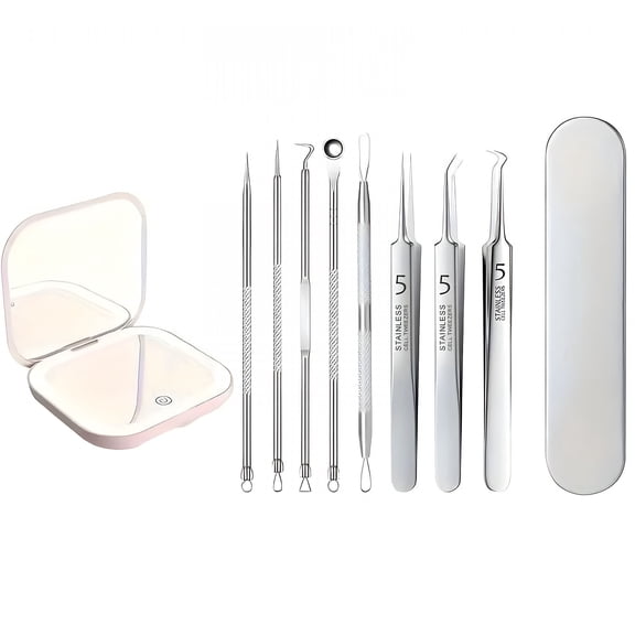 XIRQI Pimple Popper Tool Kit with Makeup Mirror,8 Pcs Professional Stainless Steel Blackhead Remover Comedone Extractor Tools for Removing Zit on Face-Acne Removal Kit with Metal Case (Silver)