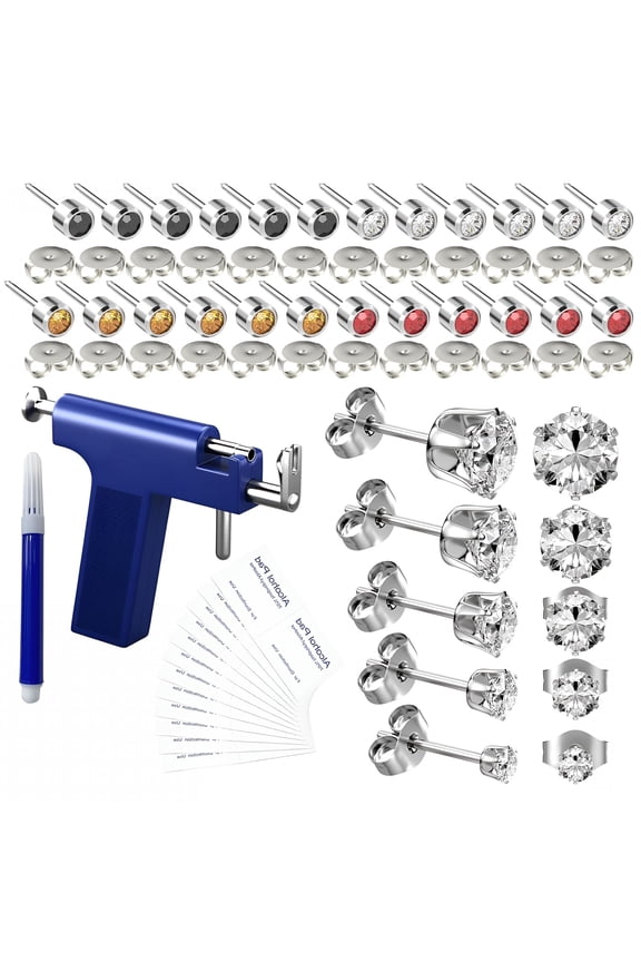 Professional Ear Piercing Gun Kit, Reusable Tool with 24 Surgical Grade & 10 CZ Earrings, Alcohol Pads