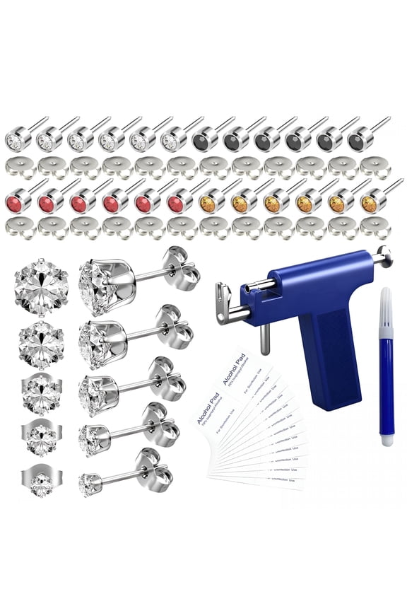 Professional Ear Piercing Kit with Gun, Reusable Tool with 24 Surgical Steel Studs and 10 CZ Earrings, Includes Alcohol Pads, Safe Home Piercing System for Ears, Nose, Navel, Silver