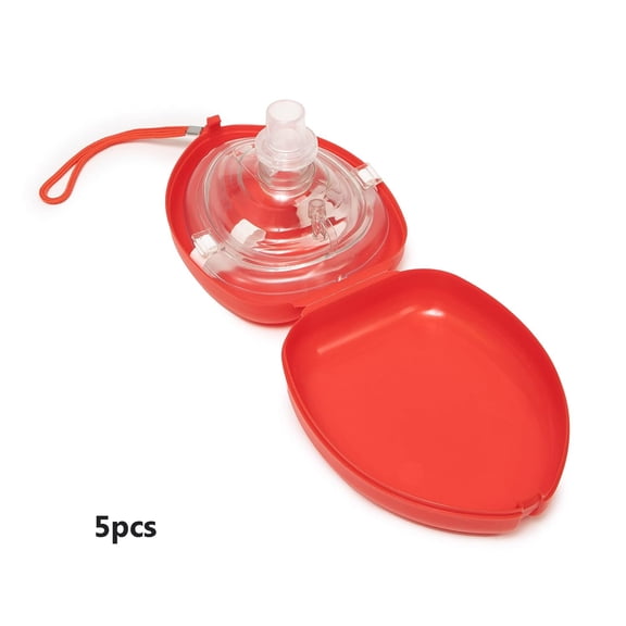 XIRQI Rs-6845-5 Pack of 5 Single Valve Cpr Rescue Mask in Red Hard Case,Adult/Child Pocket Resuscitator with Elastic Strap,Air Cushioned Edges,6.5X4.8X1.6 Inches