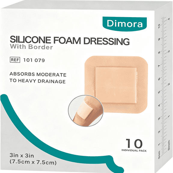 XIRQI Silicone Foam Dressing with Border Adhesive 3"X3" Waterproof Wound Dressing First Aid Bandage for Wound Care 10 Pack