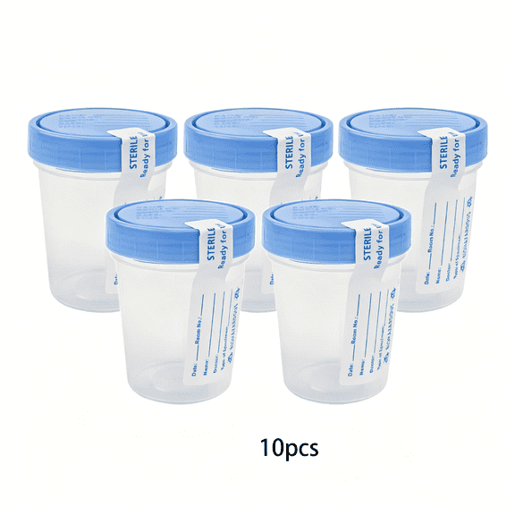 XIRQI Specimen Collection Containers Single Use Urine Specimen Cups, Screw on Leak Resistant Lid, Included ID Label, 4 oz, 5 Count