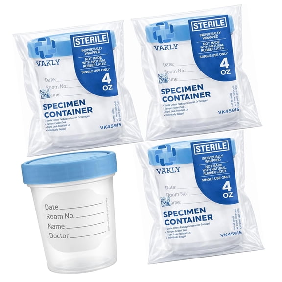 XIRQI Sterile Specimen Cups 4 oz [3 Count]  Urine Collection Cups, Individually Bagged with Lids, Leak-Proof Screw-On Covers for Sample Testing