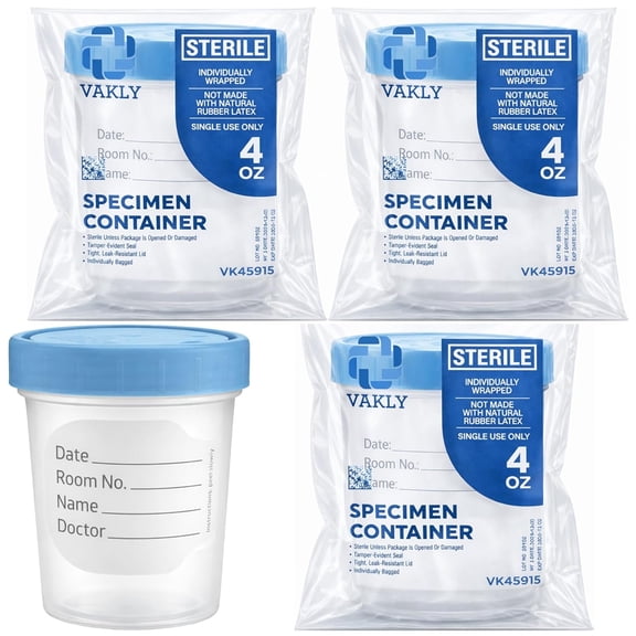 XIRQI Sterile Specimen Cups 4 oz [3 Count]  Urine Collection Cups, Individually Bagged with Lids, Leak-Proof Screw-On Covers for Sample Testing