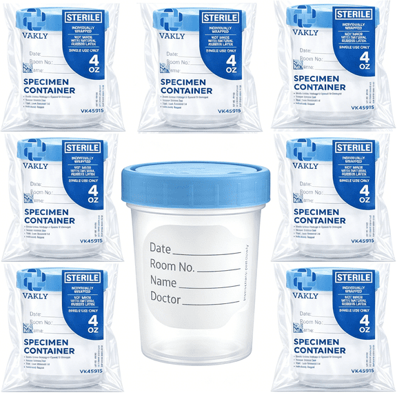 XIRQI Sterile Urine Specimen Cups 4 oz (5 Pack) Clear Sample Collection Containers with Leak-Proof Screw-On Lids, Individually Bagged for Urine, Stool, and Lab Testing