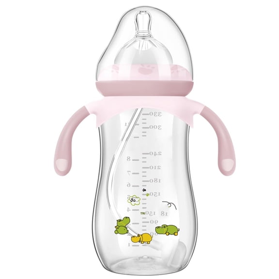 XIRQI Toddler Milk Bottle 330Ml/11Oz, Anti-Colic Baby Bottle with Fast Variable Flow Nipple for 12 Months, Weigthed Straw, Non-Slip Handle, Toddler Milk Bottle Pink/1Pack