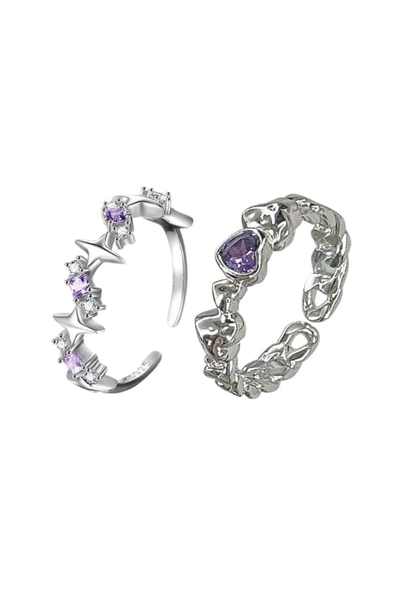 2 Pack Purple Rhinestone Adjustable Rings Wedding Engagement Rings Y2K Rings