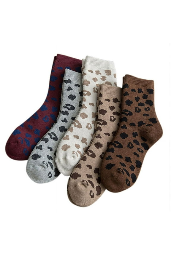 5 Pairs Women Novelty Cotton Crew Socks Spotted Leopard Animal Pattern Terry Thick Warm Vintage Tube Hosiery Stockings
