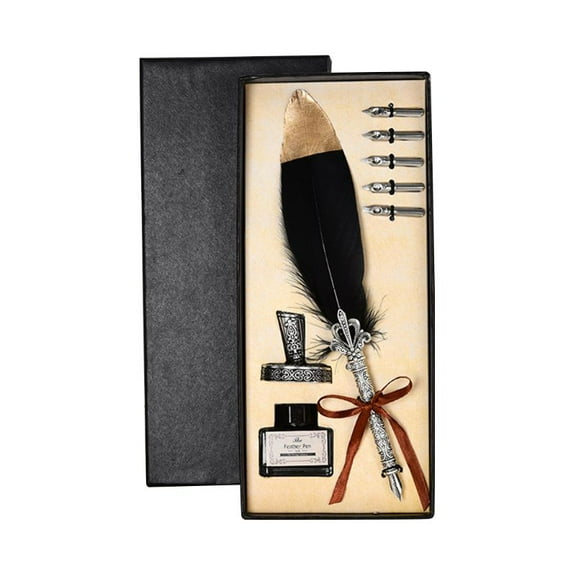 XISAOK Antique Feather Dip Pen Kit with 5 Pen Nibs for Calligraphy Art Words Writing