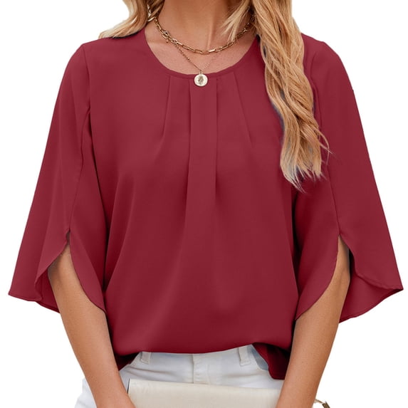 XISAOK Elegant Women 3/4 Sleeve Summer Blouses Loose Casual Tops Pleated Shirts