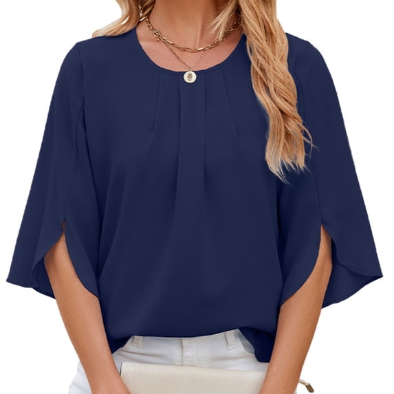 XISAOK Elegant Women 3/4 Sleeve Summer Blouses Loose Casual Tops Pleated Shirts