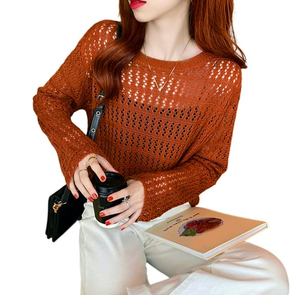 XISAOK Hollow Out Sweater Crewneck Elegant Long Sleeve See Through Knitted Tops Y2K