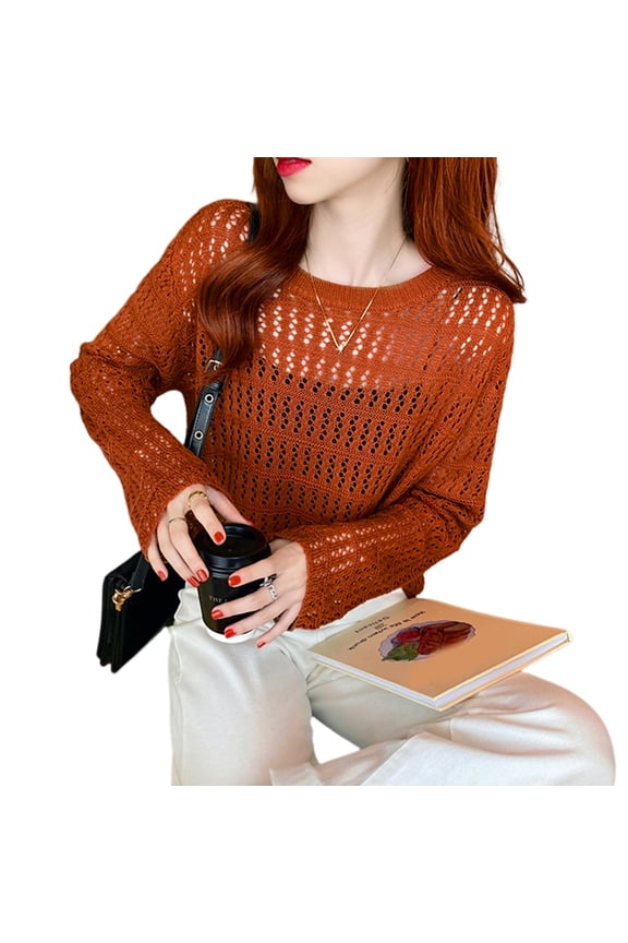 Hollow Out Sweater Crewneck Elegant Long Sleeve See Through Knitted Tops Y2K