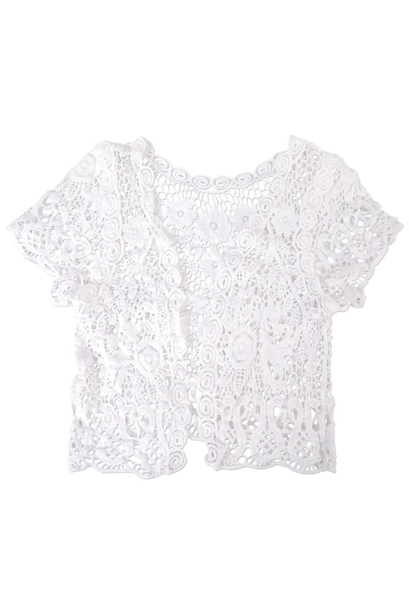 Women Crochet Tassels Floral Short Sleeve Shrug Open Front Crop Bolero Jackets
