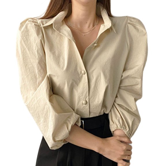 XISAOK Women Elegant Blouses Single Breasted 3/4 Puff Sleeve Solid Color Loose Shirt