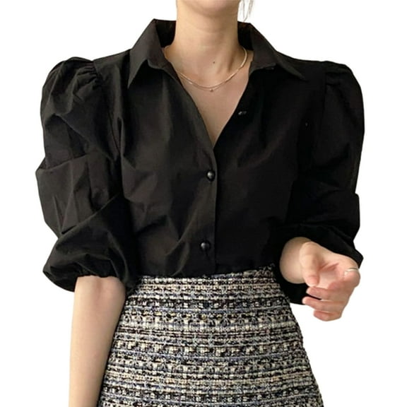 XISAOK Women Elegant Blouses Single Breasted 3/4 Puff Sleeve Solid Color Loose Shirt