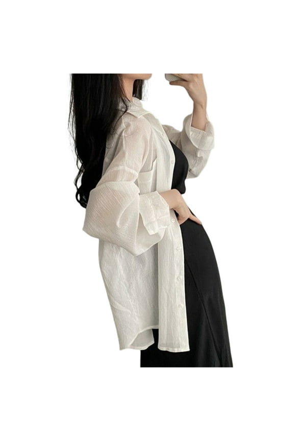 Women Sheer Chiffon Oversized Blouses Top Long Sleeve Collared Button Up Shirt