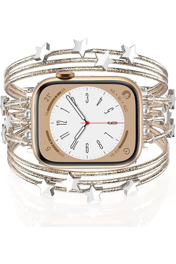 Boho Leather Bracelet Compatible for Apple Watch Band 38mm 40mm 41mm 42mm 44mm 45mm Series 9 8 7 SE Women, Multilayer Wrap Beaded Jewelry Apple Watch Strap for iWatch Series 6/5/4/3/2/1