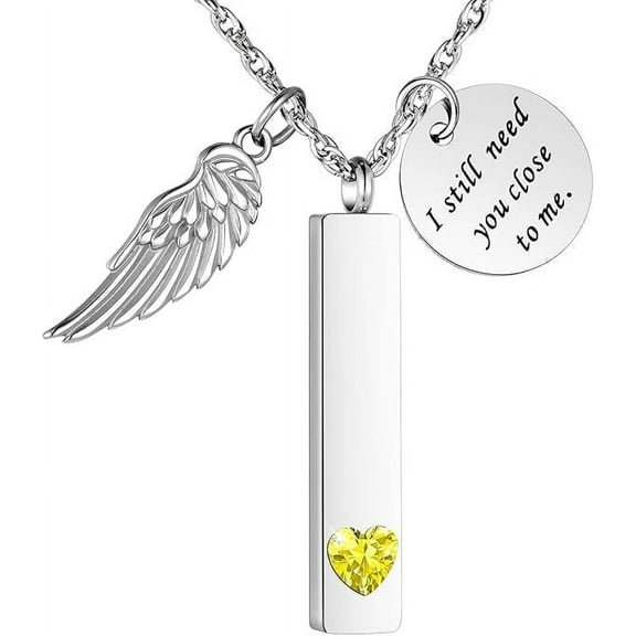 XIUDA Cremation Jewelry for Ashes with Angel Wing Charm Vertical Bar Urn Necklace Stainless Steel Memorial Keepsake Pendant for Women