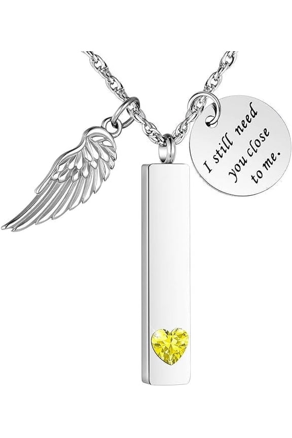 Cremation Jewelry for Ashes with Angel Wing Charm Vertical Bar Urn Necklace Stainless Steel Memorial Keepsake Pendant for Women