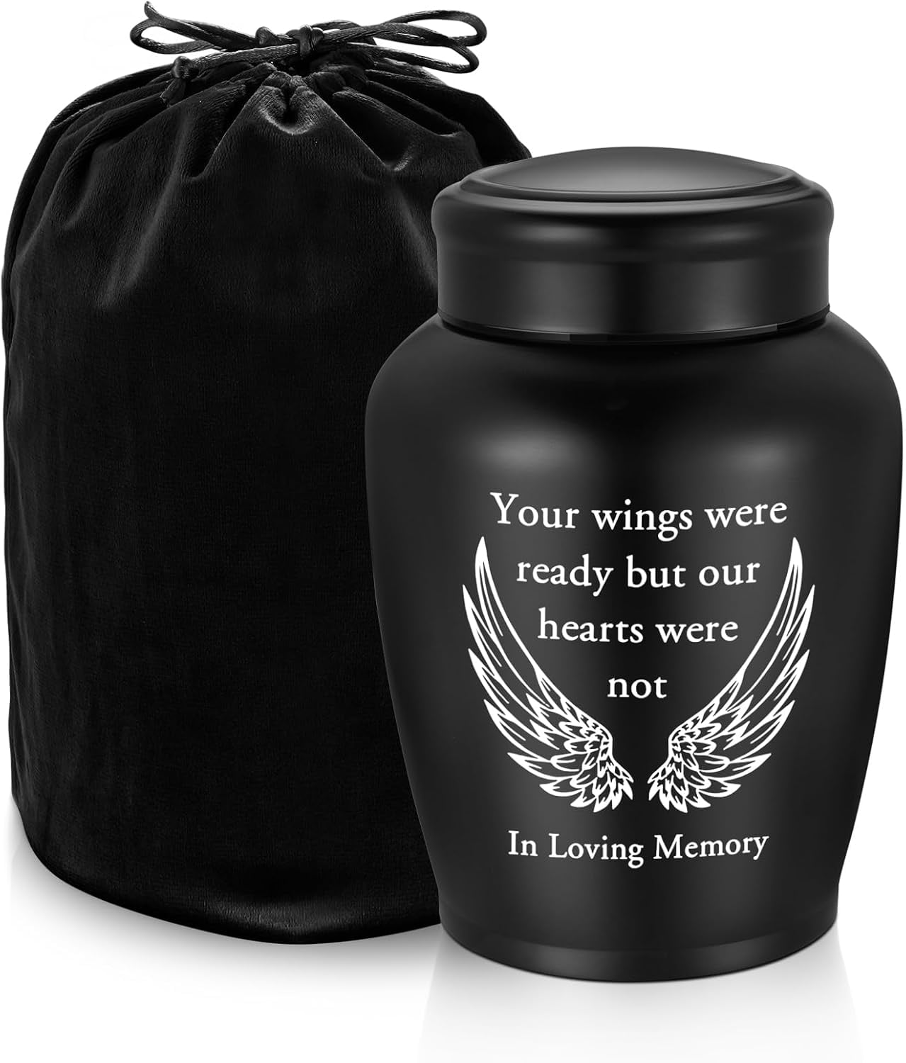 XIUDA Large Stainless Steel Urn for Human Ashes - 8.5 Inch Decorative Funeral Urn, Wings Cremation Keepsake for Men Women, Black Memorial Keepsake for Ashes