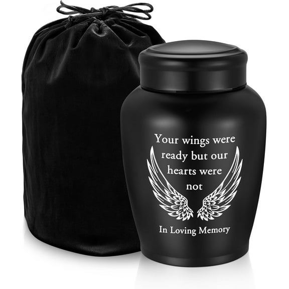 XIUDA Large Stainless Steel Urn for Human Ashes - 8.5 Inch Decorative Funeral Urn, Wings Cremation Keepsake for Men Women, Black Memorial Keepsake for Ashes