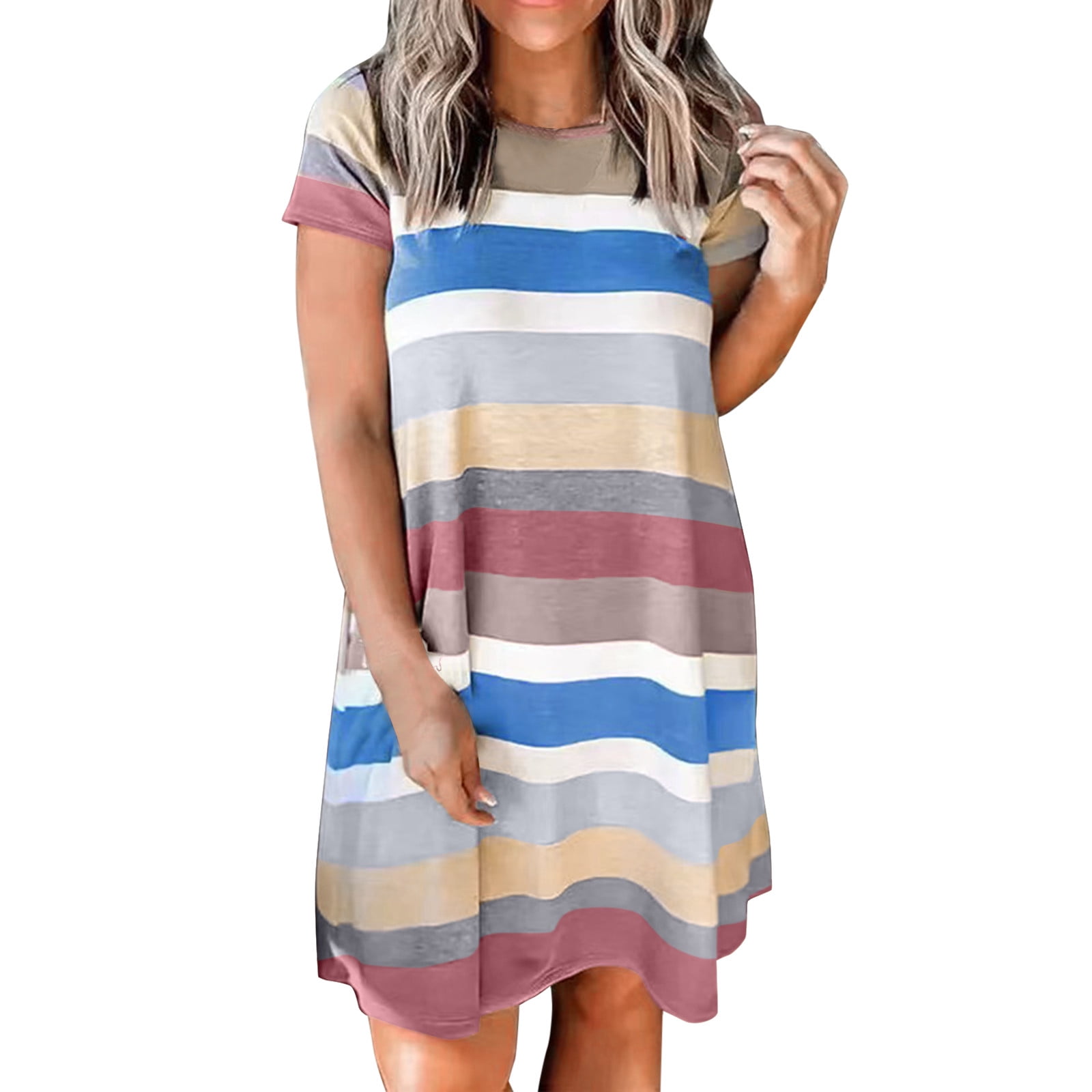 XIUH Clearance Sale Womne s Color Block Short Sleeve Nightdress Crew Neck Pleated Knee Length Nightgown Blue XL