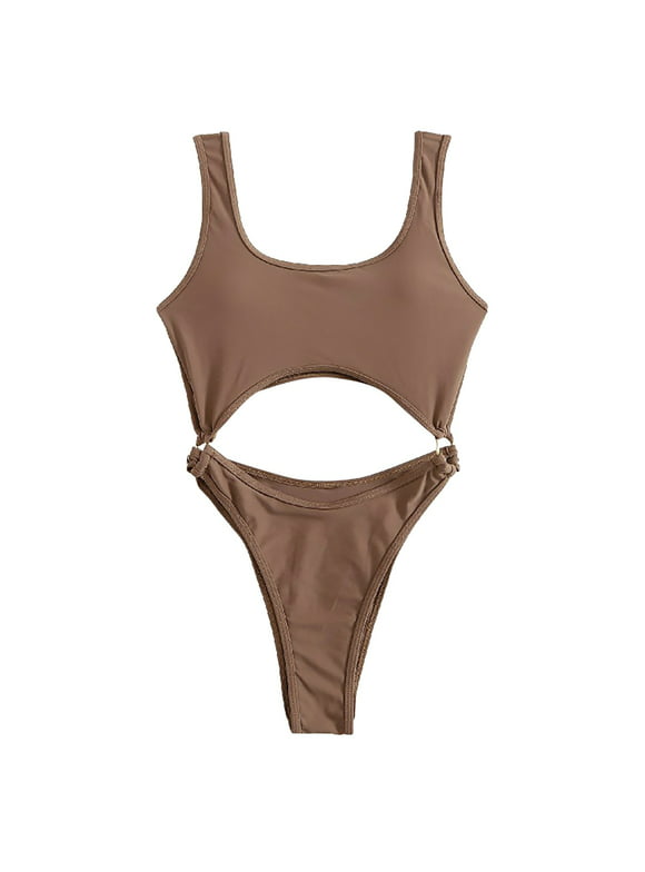 XIUH One-Piece Swimsuit for Women Women's Siamese Swimwear Suit Pure Color Tight Temperament Beach Bikini Suit Elegant Soft One Shoulder Swimsuit Coffee L