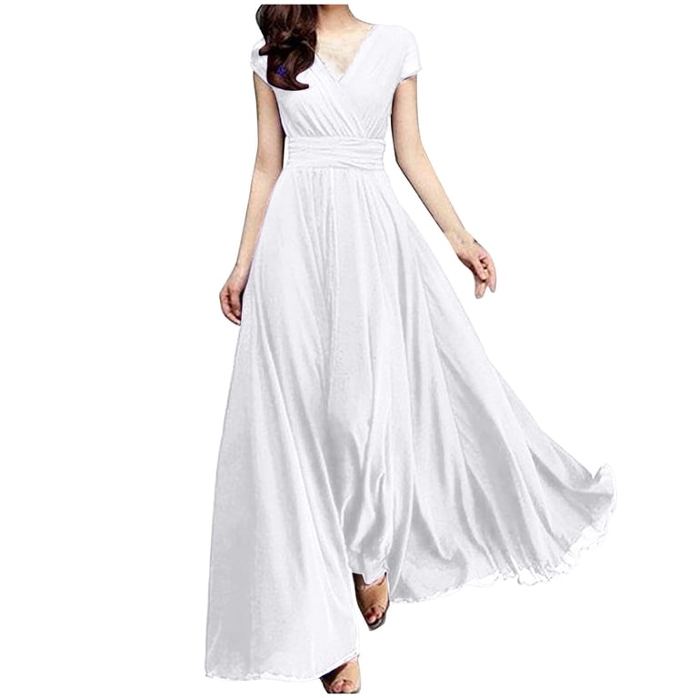 XIUH Women's Plus Size Solid Color V-Neck Short Sleeve Flowy Maxi Party  Dress, White, 5XL - Walmart.com