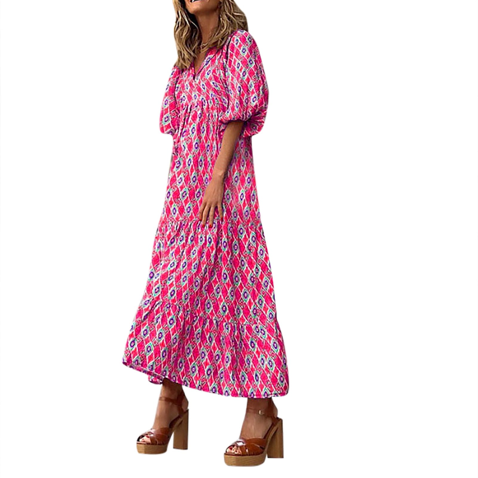 Maroon Cotton Maxi Dress – Puff Sleeve Tiered Boho Long Dress with Block Print Border