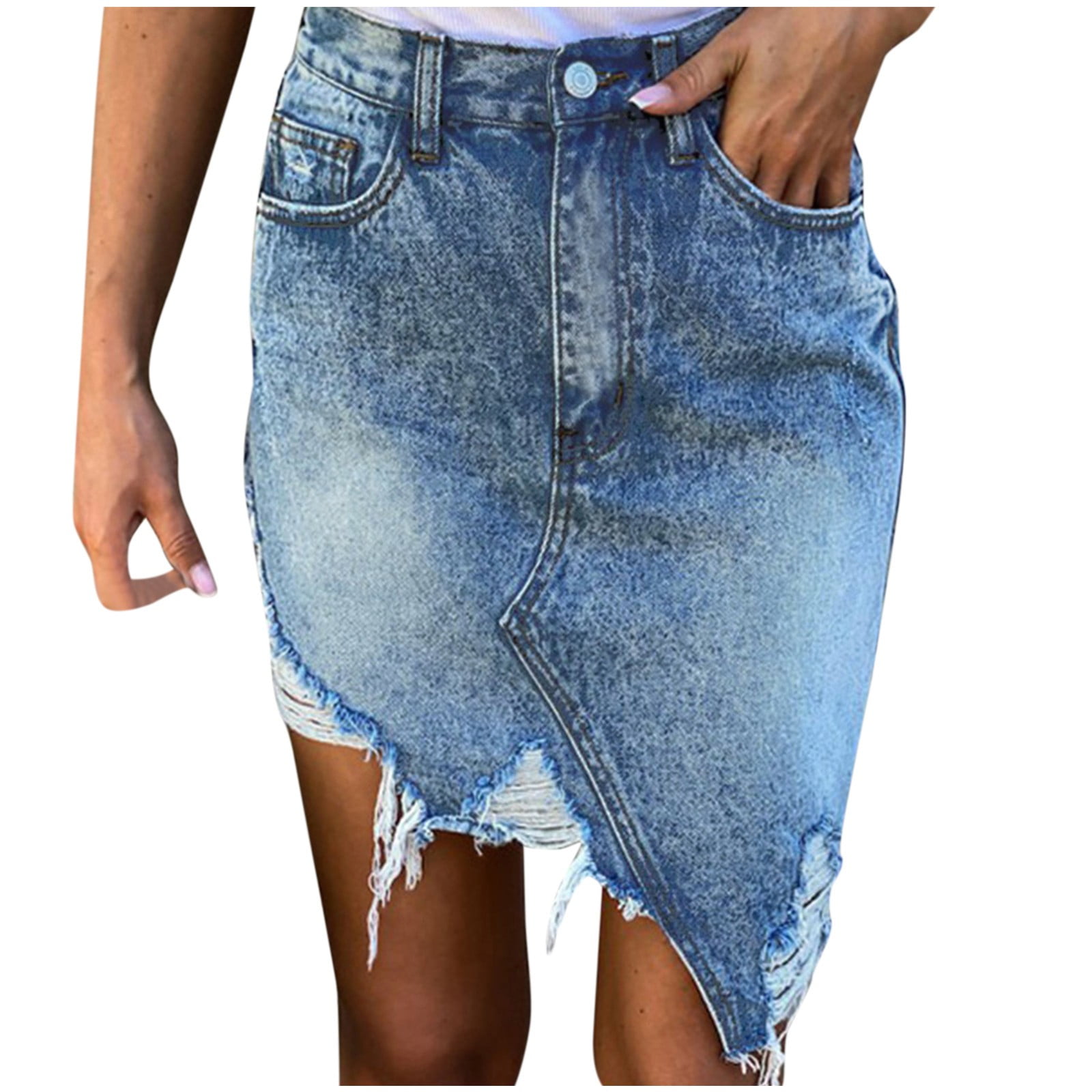 XIUH Women High Waist Ripped Wraped Mini Denim Skirts Solid Color Washed Casual Skirts with Pockets Light Blue XL