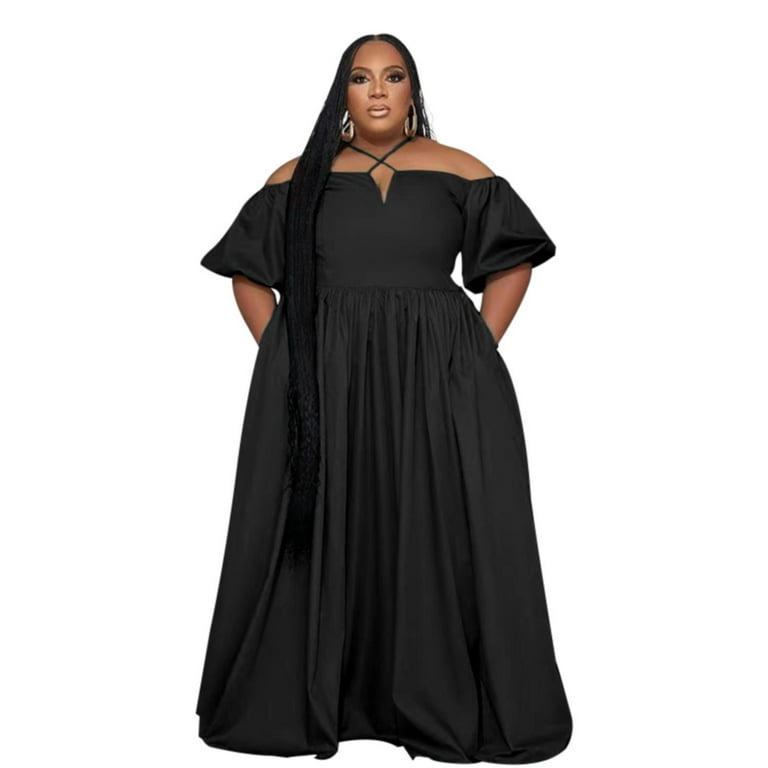 Xiuh Women Plus Size Halter Neck Loose Pleated Maxi Dress Off Shoulder Short Sleeve Oversized Long Dress Black 2XL Women s