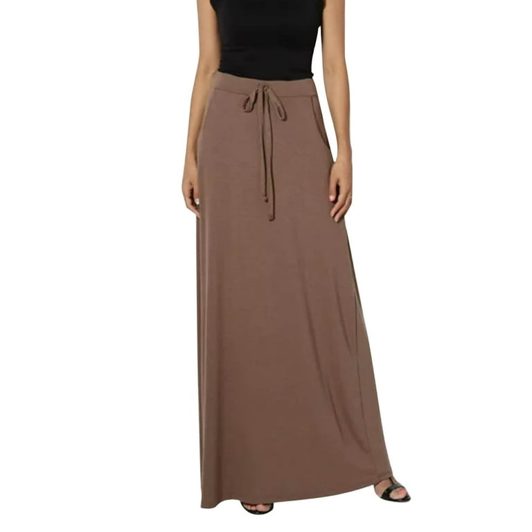XIUH Women Plus Size High Waist Drawstring Long Skirts Solid Color A Line Casual Skirts Khaki 3XL Walmart