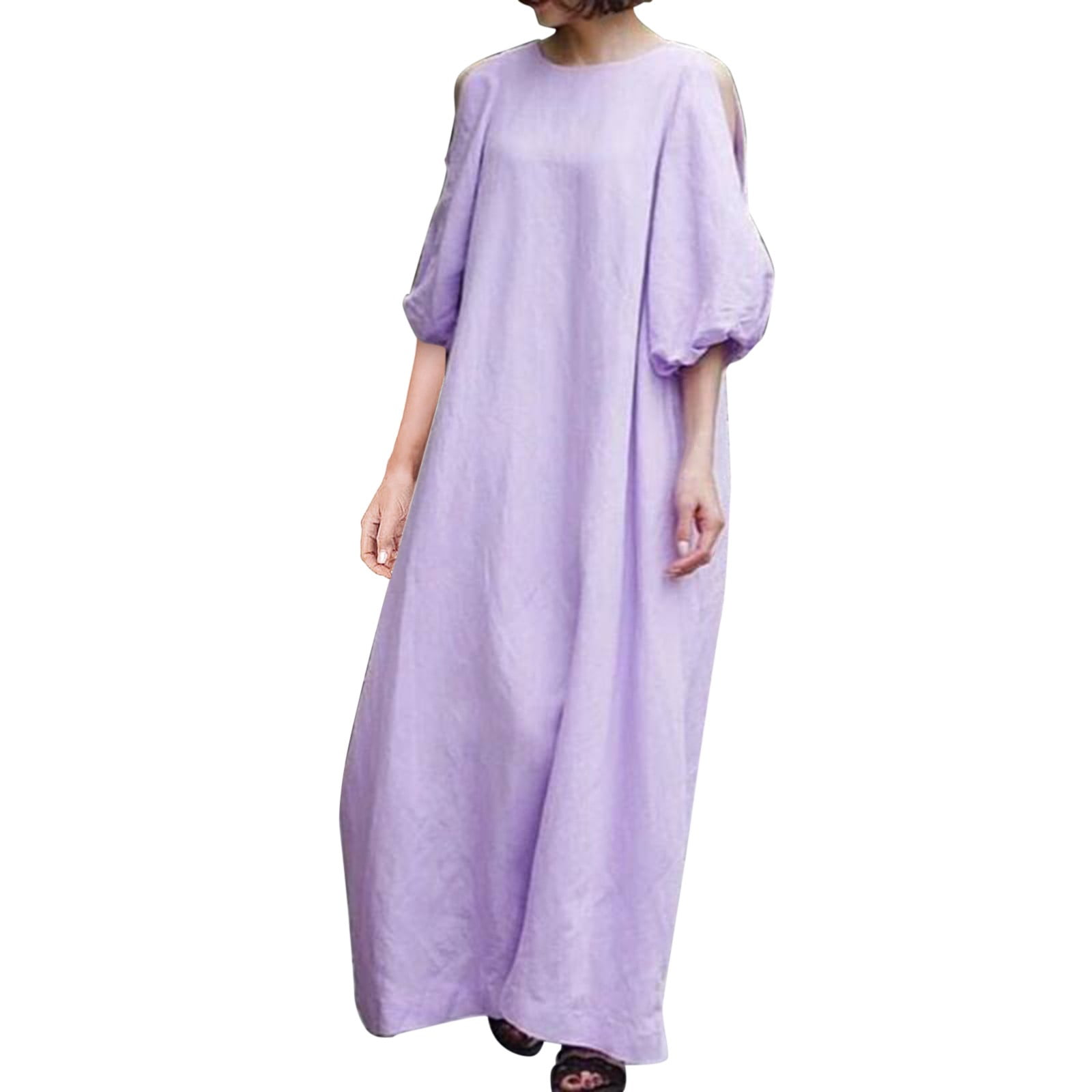 XIUH Women Plus Size Puffy Short Sleeve Maxi Dress Crew Neck Loose ...