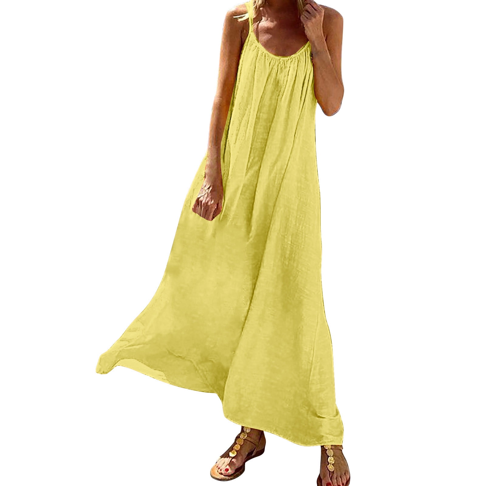 XIUH Women Round Neck Loose Pleated Big Swing Maxi Dress Boho Solid