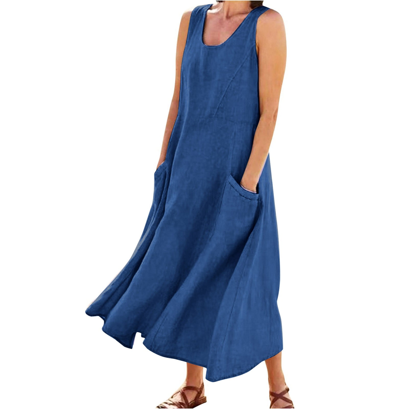 XIUH Women's Casual Loose Sundress Sleeveless Cotton Linen Long Dress ...