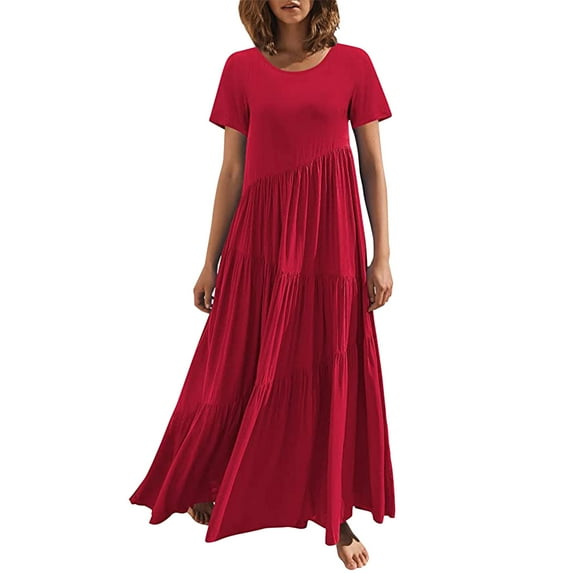 XIUH Women's Crew Neck Pleated Maxi Dress Solid Color Short Sleeve Ruffle Swing Dress Red 4 M