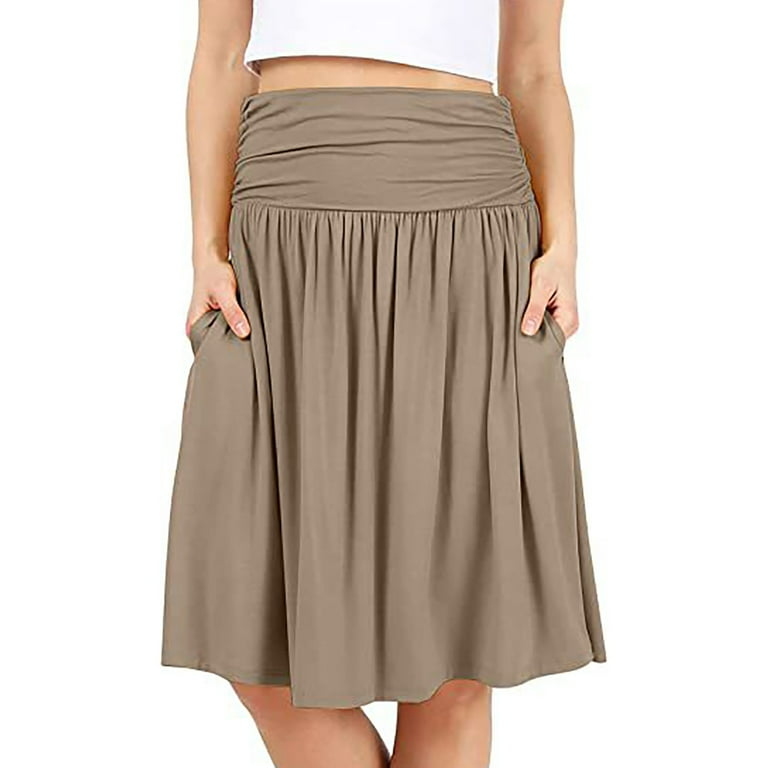 XIUH Women s Elastic Waist Plus Size Mini Skirts Solid Color Pleated Skirts with Pockets Khaki S