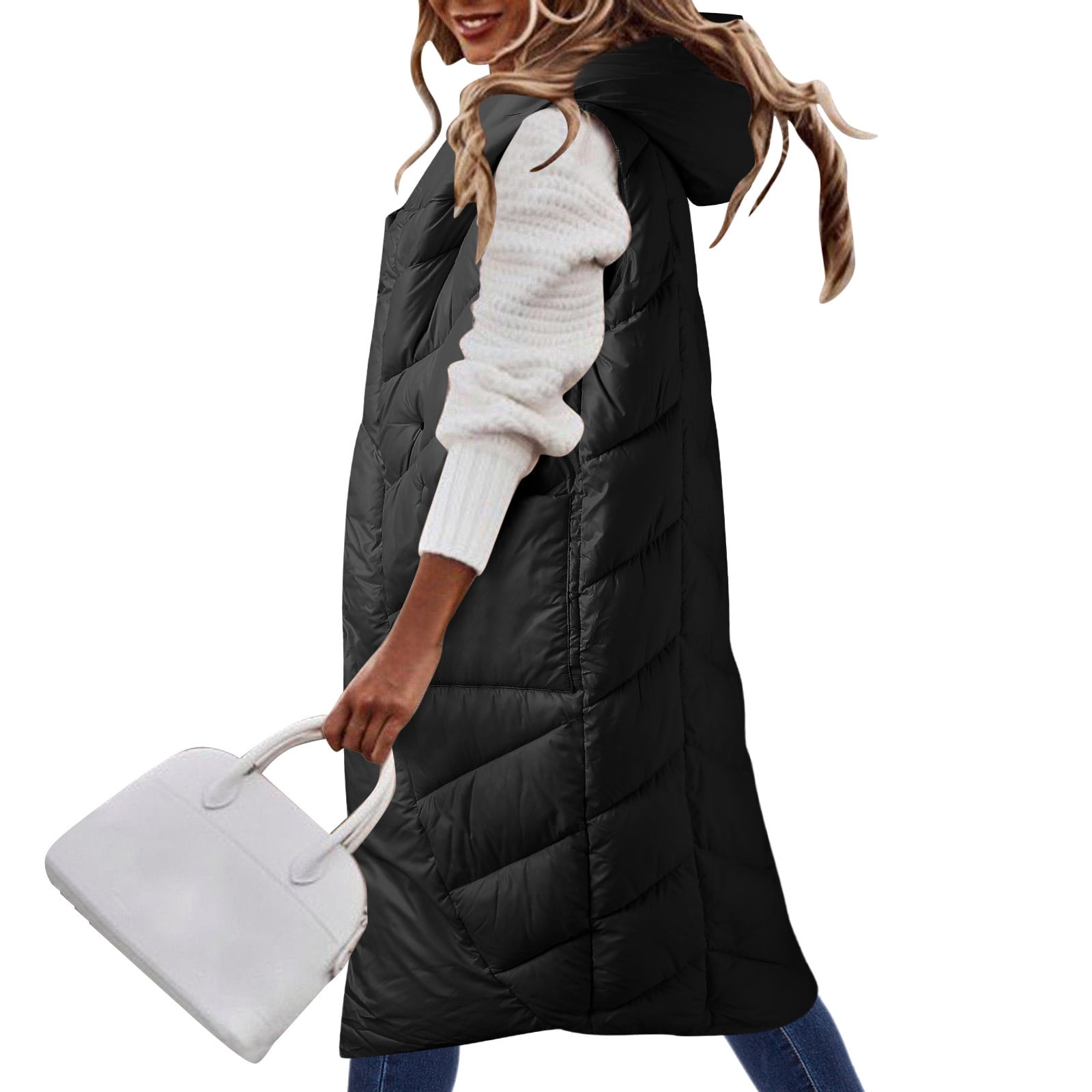 XIUH Women's Plus Size Quilted Puffer Vest Hooded Padded Vest Big Pocket Jacket Black 2XL