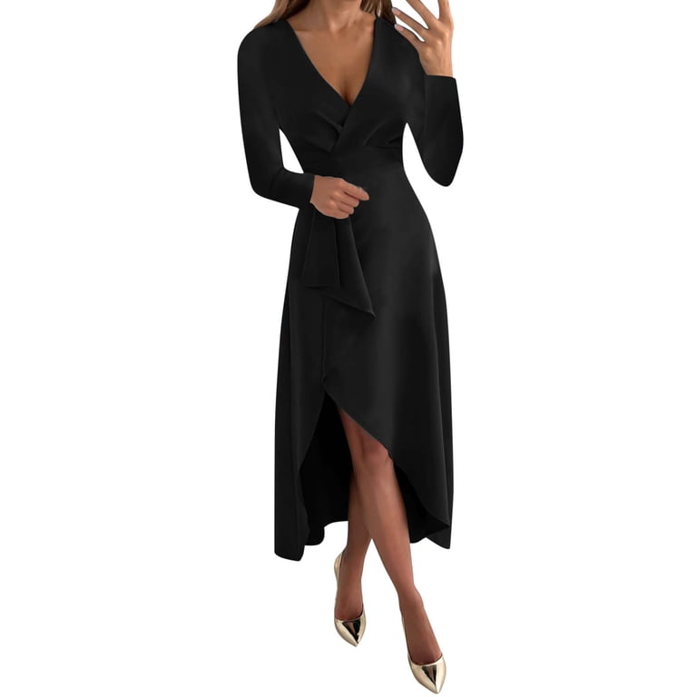 XIUH Womens Deep V Neck Tie Waist Wraped Midi Dress Solid Color EVERYDAY DRESS long sleeve ブラック Ｌ