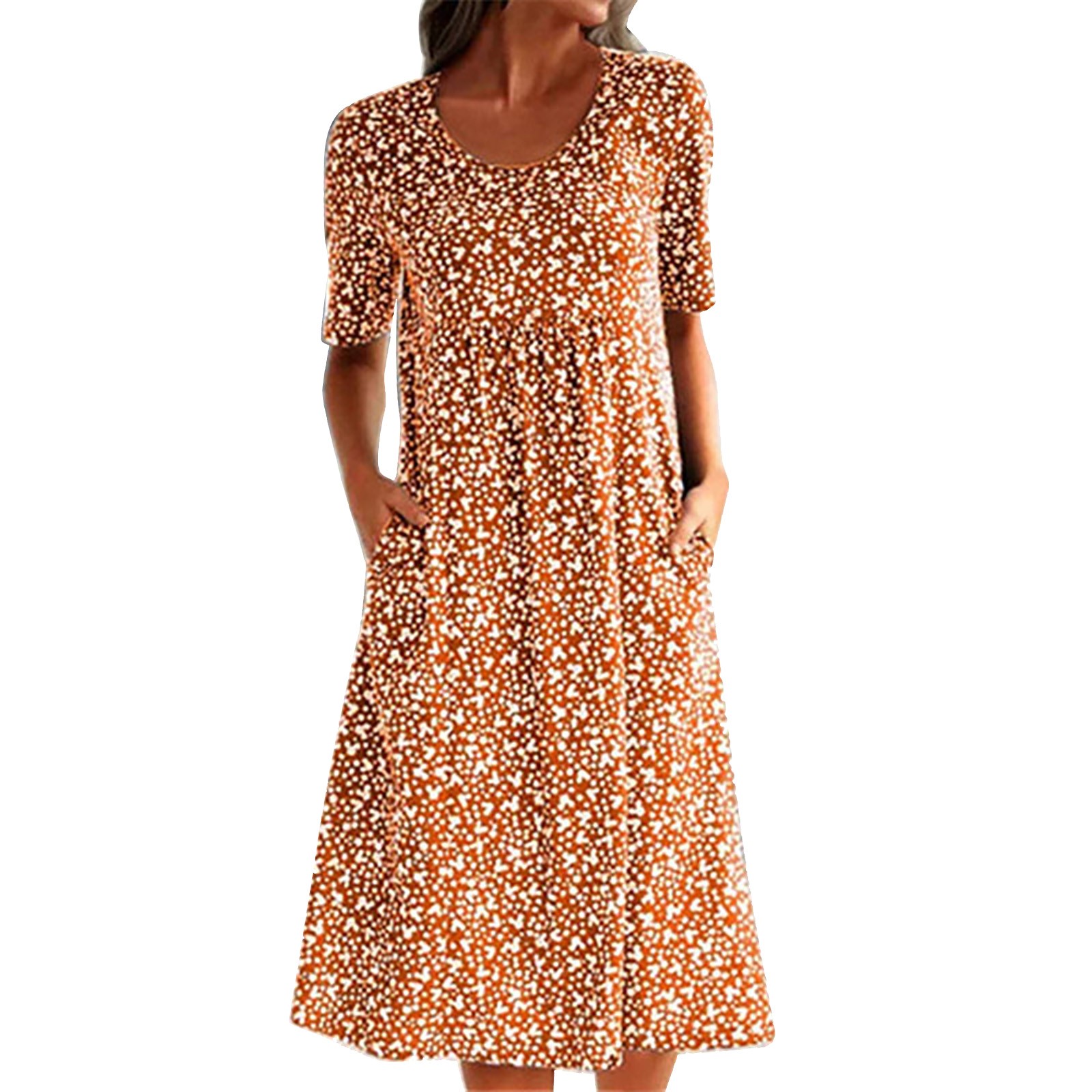 XIUH Womens Fashion Floral Print Short Sleeve Dress Plus Size Crew Neck