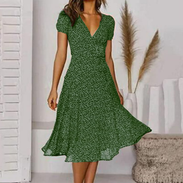 XIUH Womens Floral Print Ruffle Flowy Knee Length Dress V Necck Short Sleeve A Line Fitted Dress Z2 Green S