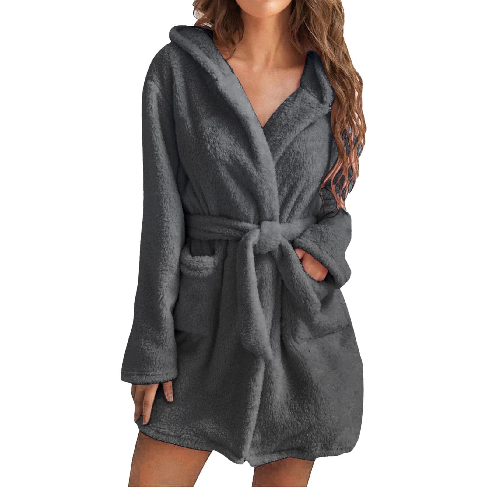 XIUH Womens Plus Size Hooded Sleepwear Tie Waist Long Sleeve Chunky
