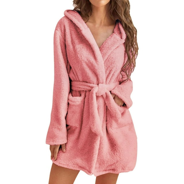 XIUH Womens Plus Size Hooded Sleepwear Tie Waist Long Sleeve Chunky Bathrobe with Pockets Red 1