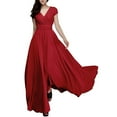 thumbnail image 1 of XIUH Clearance! Womens V Neck Ruffle Hem Big Swing Maxi Dress Solid Short Sleeve Pleated Flowy Boho Dress Plus Size(S-5XL) Red 5 L, 1 of 6
