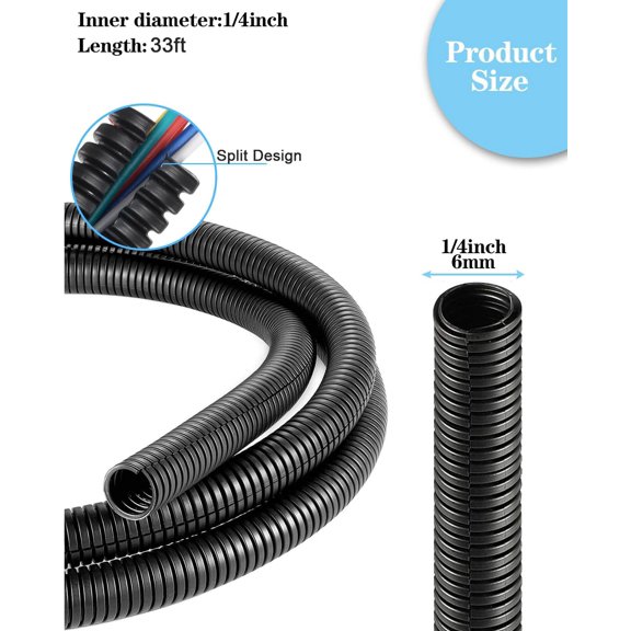 XIUUS-1/4 Inch Wire Loom Split Tubing - 33 ft Cord Protector Electric Wires Covers, Automotive Wire Flexible Conduit, Plastic Wire Cover(1/4"- 33ft, Black)