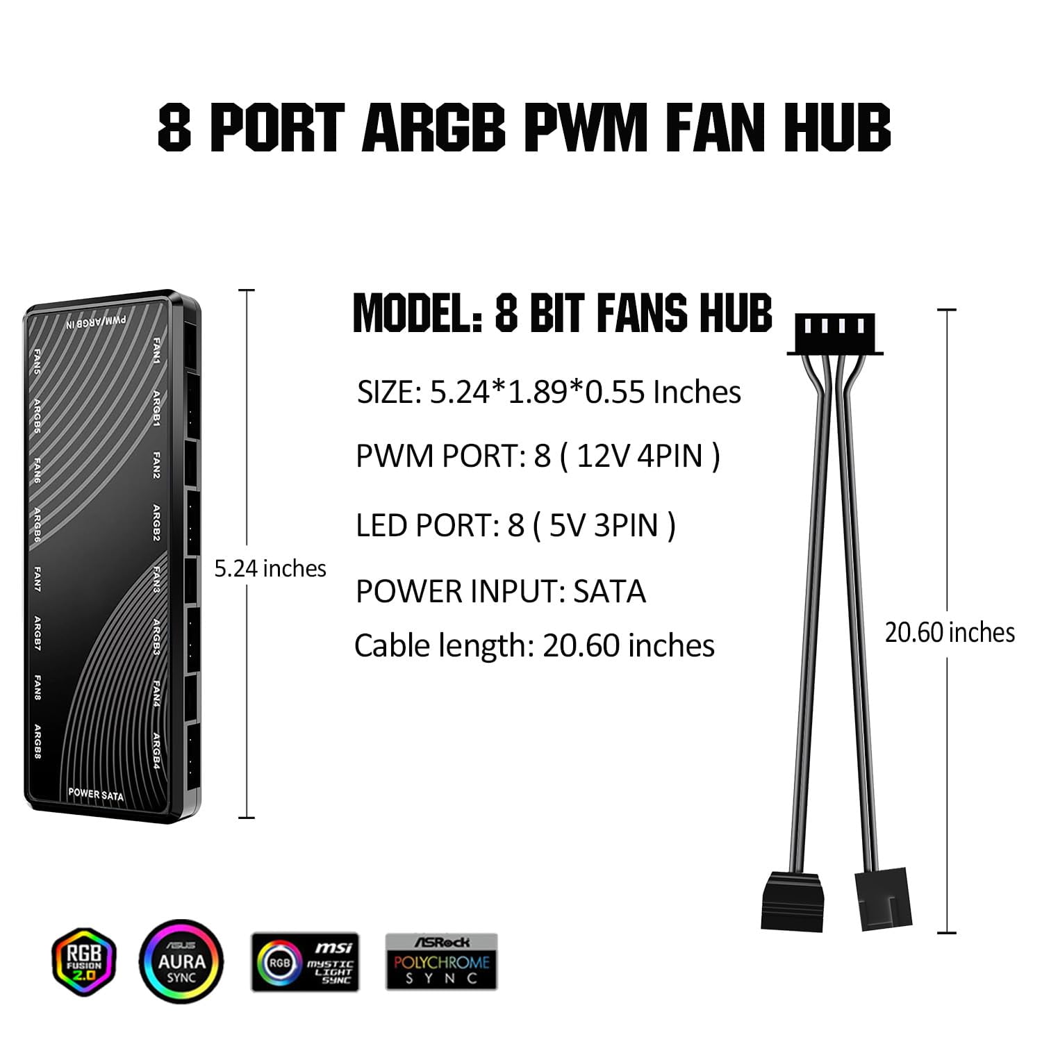 Pc Led Fan Controller XIUUS-ARGB PWM PC Fan Hub, 8 Port hub Addressable 5V-3PIN ARGB 12V 4PIN ...