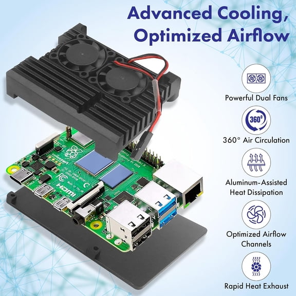 XIUUS-Raspberry Pi 5 Active Cooler - Dual Fan Aluminum Heatsink Case with Pre-Cut Thermal Pads, PWM Fan Control via Pi 5 Header, Open-Air Cooling for Overclocking & 24/7 Use, GPIO Access -