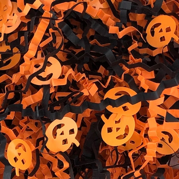 XIUWD 100g Halloween Crinkle Cut Paper Shred Filler, Black Orange Mixed Shreds with Pumpkin Cutouts, Gift Box Basket Stuffing for Halloween Party Packaging & DIY Crafts